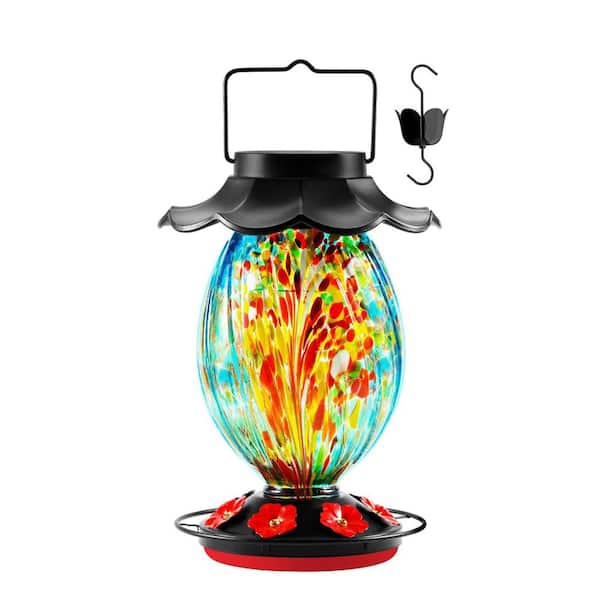 Justincity Blue Finish Color Changing Blown Glass Hummingbird Feeder 49 fl. oz. Solar Nectar Feeder with 7 Metal Perches Ant Moat