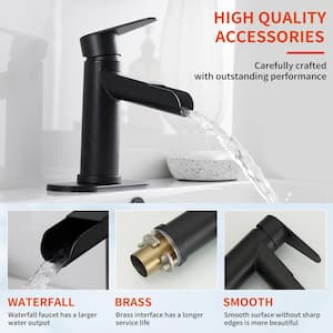 Waterfall Single Handle Single Hole Farmhouse Bathroom Faucet Bathroom Drip-Free Vanity RV Sink Faucet in Matte Black