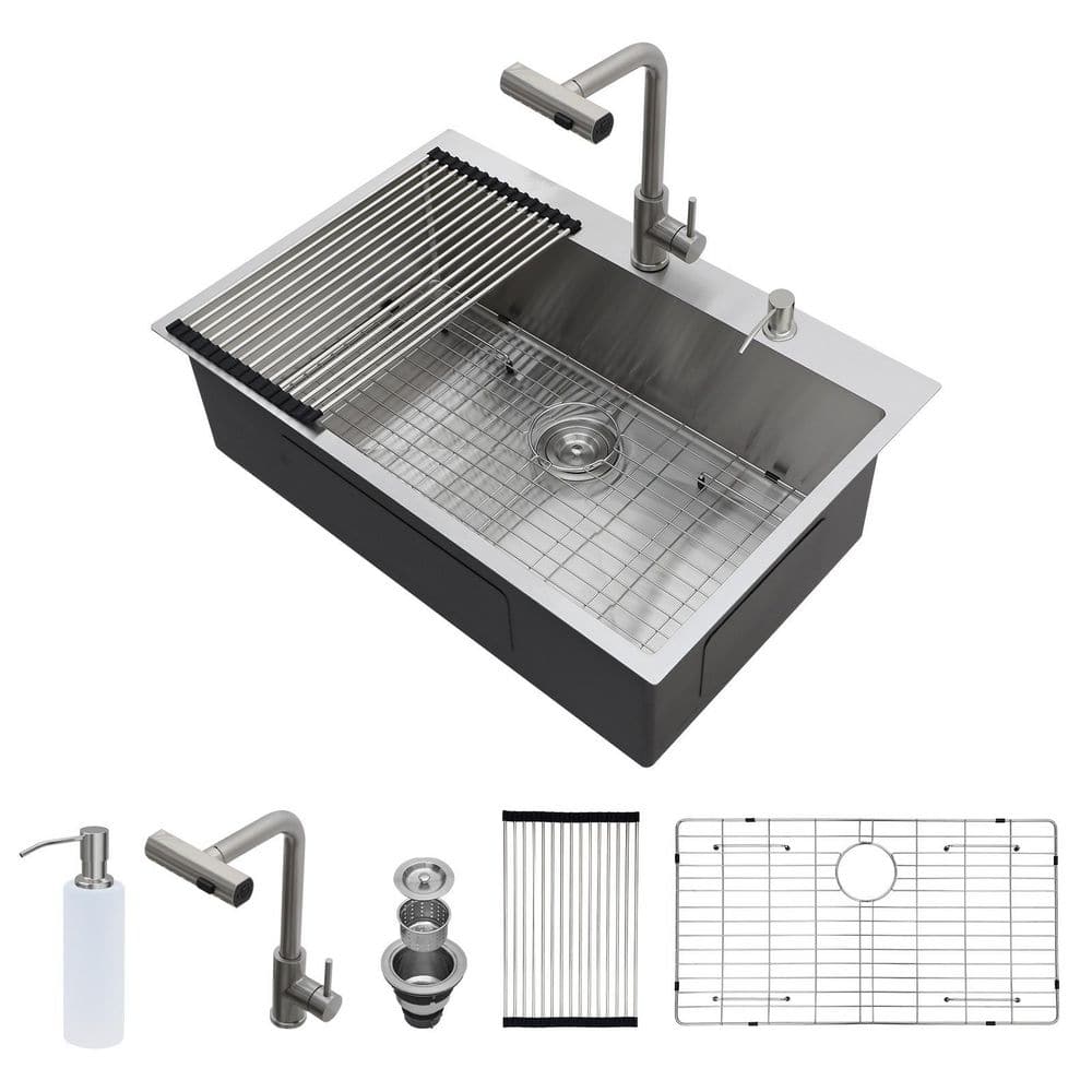 33 in. Drop-in Single Bowl 16 Gauge Brushed Nickel Stainless Steel Kitchen Sink with Pull-out Faucet and Soap Dispenser price history on PriceWatchPro