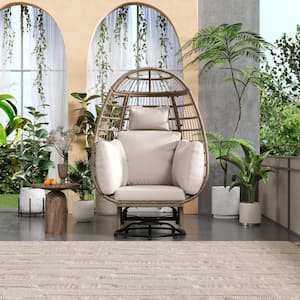 Wicker Outdoor Rocking Chair with Beige Cushions, Swivel Chair with Rocking Function for Balcony, Poolside and Garden