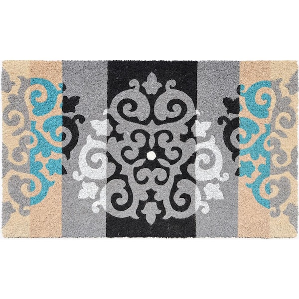 Vinyl Back Multi-Colored Damask Fleur de Lis 30 in. x 18 in. Outdoor Coir Door Mat