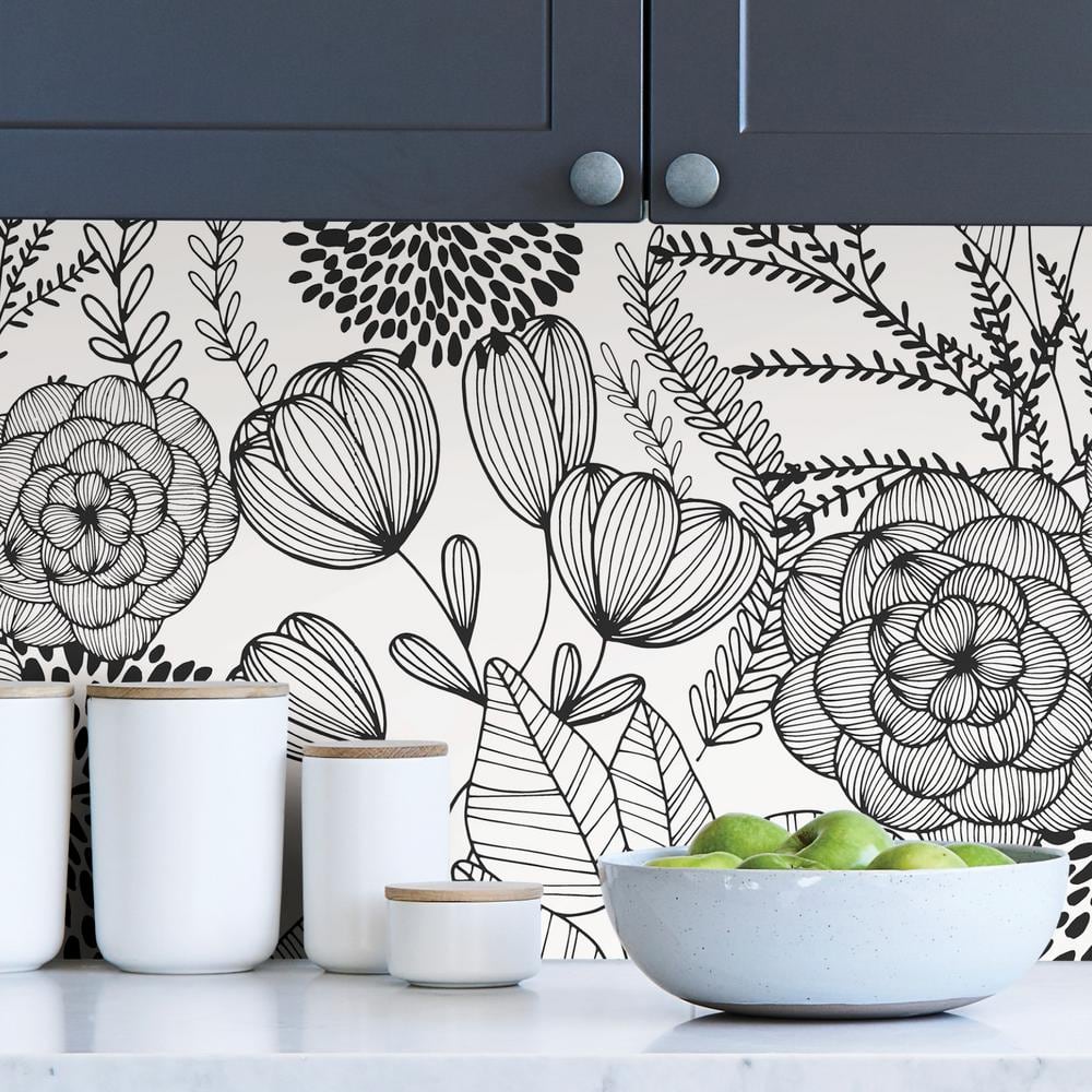 Black and White Floral Peel & Stick Vinyl Wallpaper