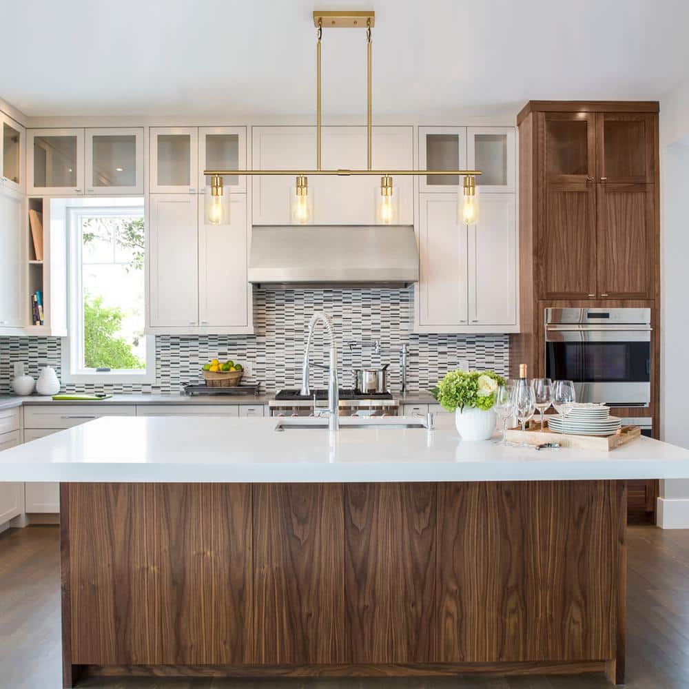Golden Linear Metal Chandelier with Clear Glass Shades