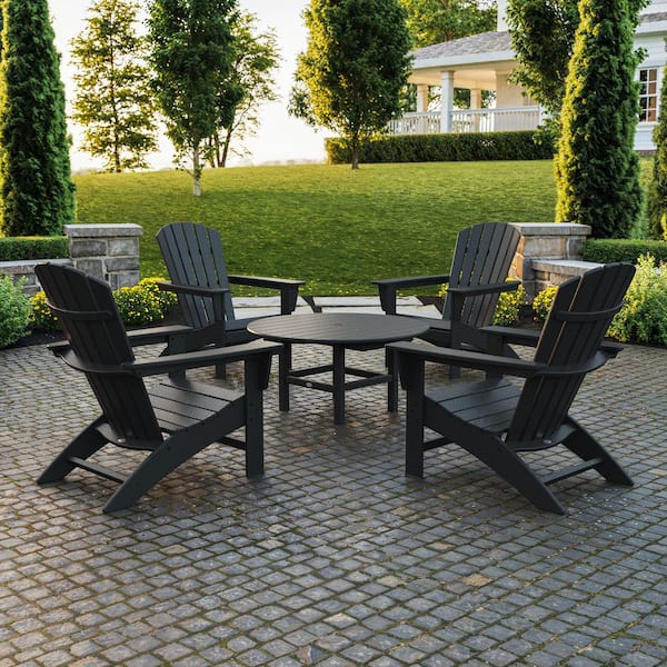 POLYWOOD Grant Park Black 5-Piece Plastic Traditional Curveback Adirondack Patio Conversation Set