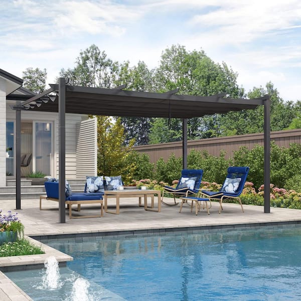 PURPLE LEAF 12 ft. x 16 ft. Gray Aluminum Frame Outdoor Patio Pergola with Gray Retractable Sun Shade Canopy for Porch Garden Beach