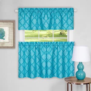 Colby Turquoise Polyester Light Filtering Rod Pocket Tier and Valance Curtain Set 58 in. W x 24 in. L