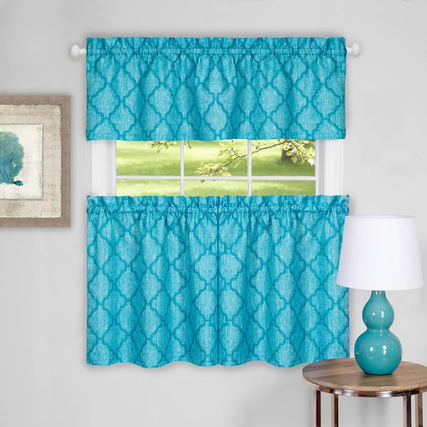 ACHIM Colby Turquoise Polyester Light Filtering Rod Pocket Tier and Valance Curtain Set 58 in. W x 36 in. L