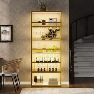 Gold Contemporary LED Tall Bar Cabinet Standing Honeycomb Wine Rack with Glass Rack