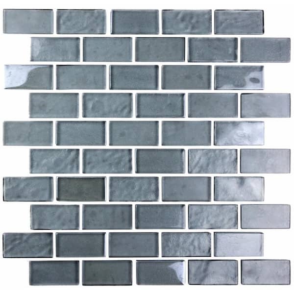 ABOLOS Landscape Translucent Blue Gray Blue Brick Mosaic 1 in. x 2 in. Textured Glossy Glass Pool Tile (9.24 sq. ft./Case)