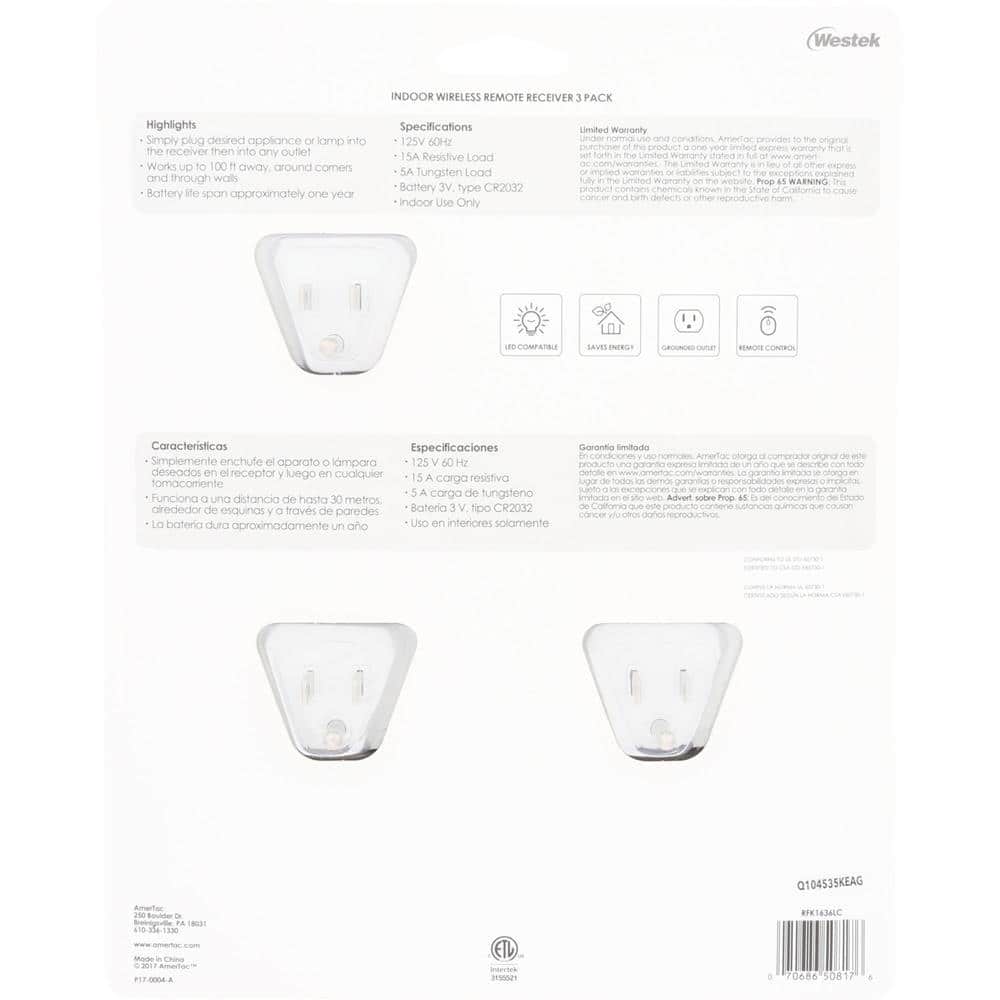 White Indoor Wireless Remote Control System with Grounded Outlets, 3-Pack