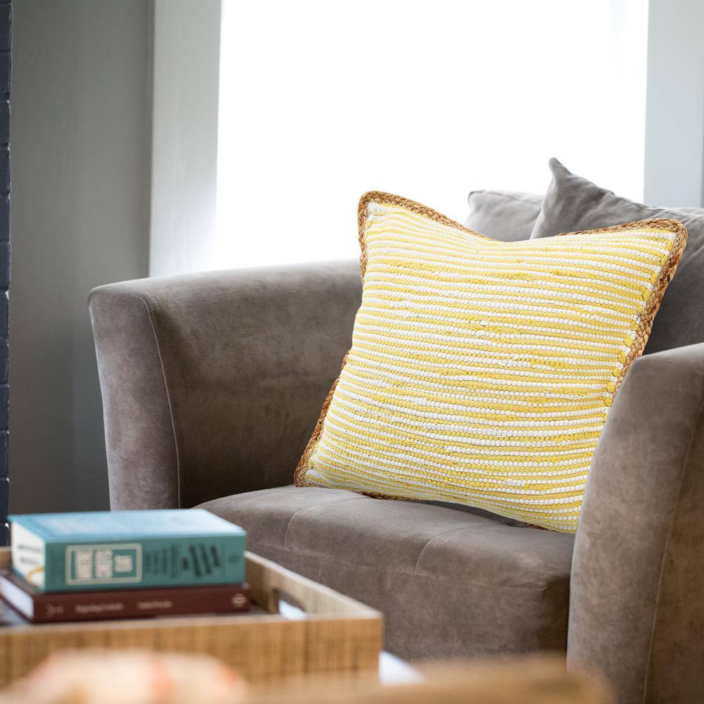 Yellow and White Striped Cotton and Jute 20" Square Throw Pillow