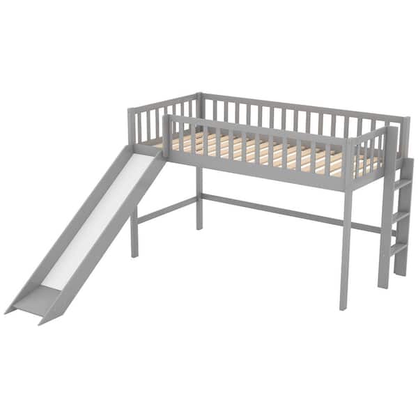 ANBAZAR Gray Twin Size Low Loft Bed with Slide, Full Length Guardrail, and Built-in Ladder
