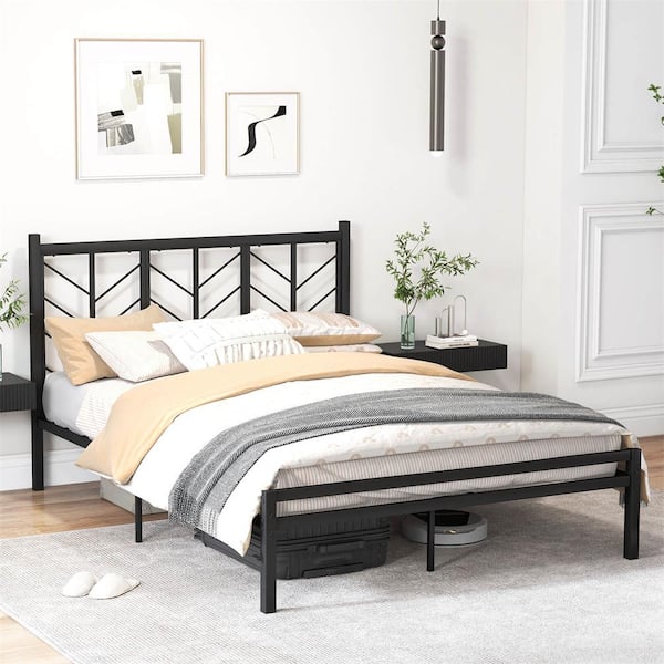 Costway Black Metal Frame Queen Platform Bed with Headboard 11.5 in. Under Bed Storage Easy Assembly
