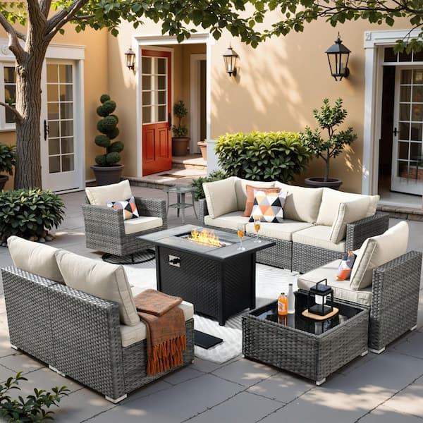 Toject Sanibel Gray 10-Piece Wicker Patio Conversation Sofa Set with a Swivel Chair, a Metal Fire Pit and Beige Cushions