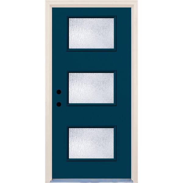 Builders Choice 36 in. x 80 in. Atlantis Right-Hand 3 Lite Rain Glass Painted Fiberglass Prehung Front Door with Brickmould