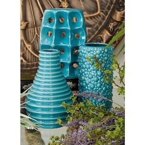 5 in., 8 in. Blue Ceramic Decorative Vase with Varying Patterns (Set of 3)