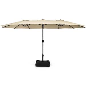 15 ft. Iron Market Double-Sided Twin Patio Umbrella with Crank and Base, Sturdy 12-Rib Metal Structure,Beige