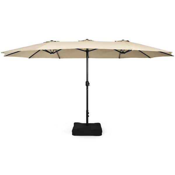 ANGELES HOME 15 ft. Iron Market Double-Sided Twin Patio Umbrella with Crank and Base, Sturdy 12-Rib Metal Structure,Beige