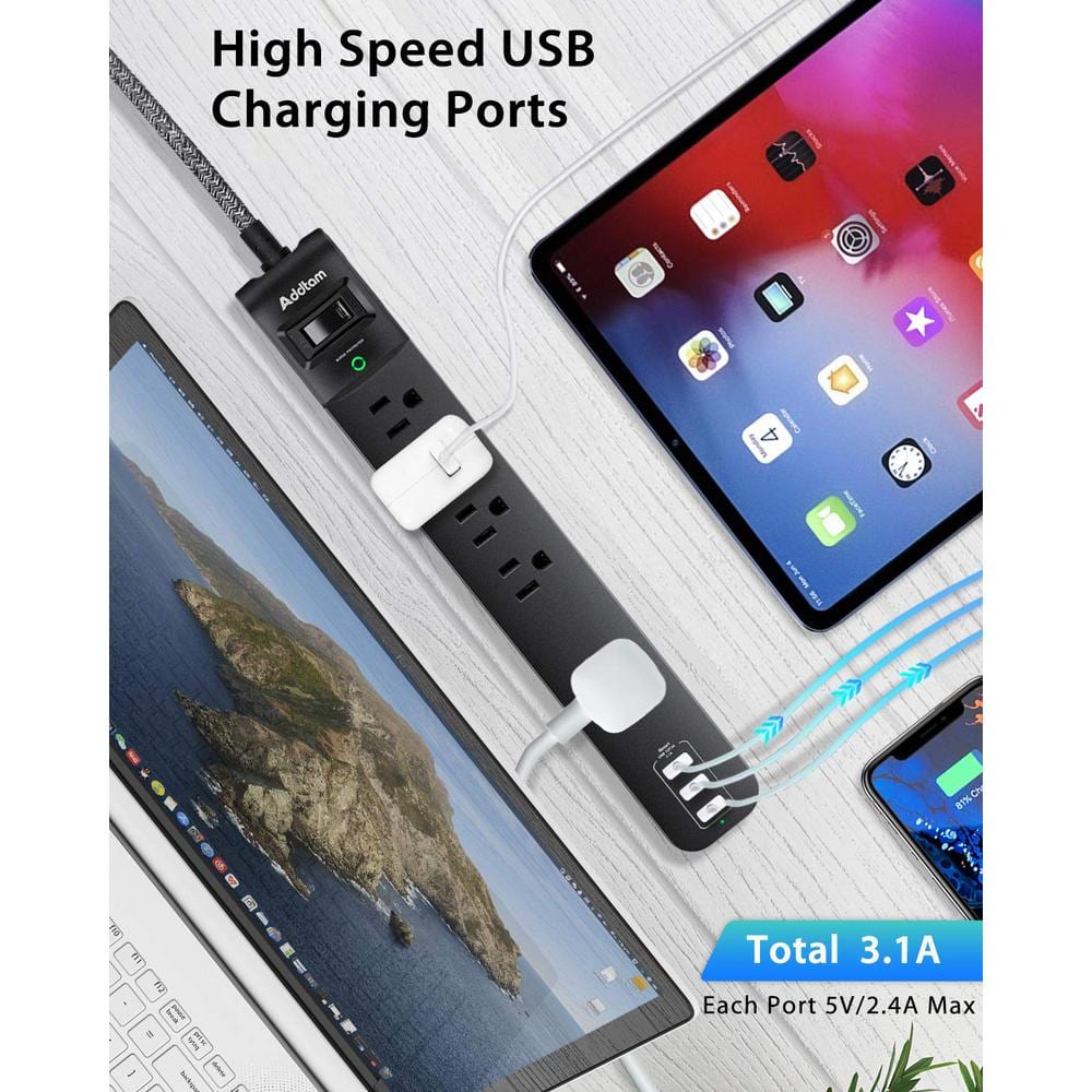 15 ft Black ABS 5-Outlet Power Strip with USB Ports