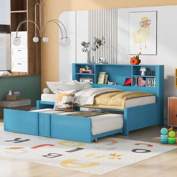 Polibi Blue Metal Twin Size Daybed with Twin Size Trundle, Storage Shelves and USB Ports