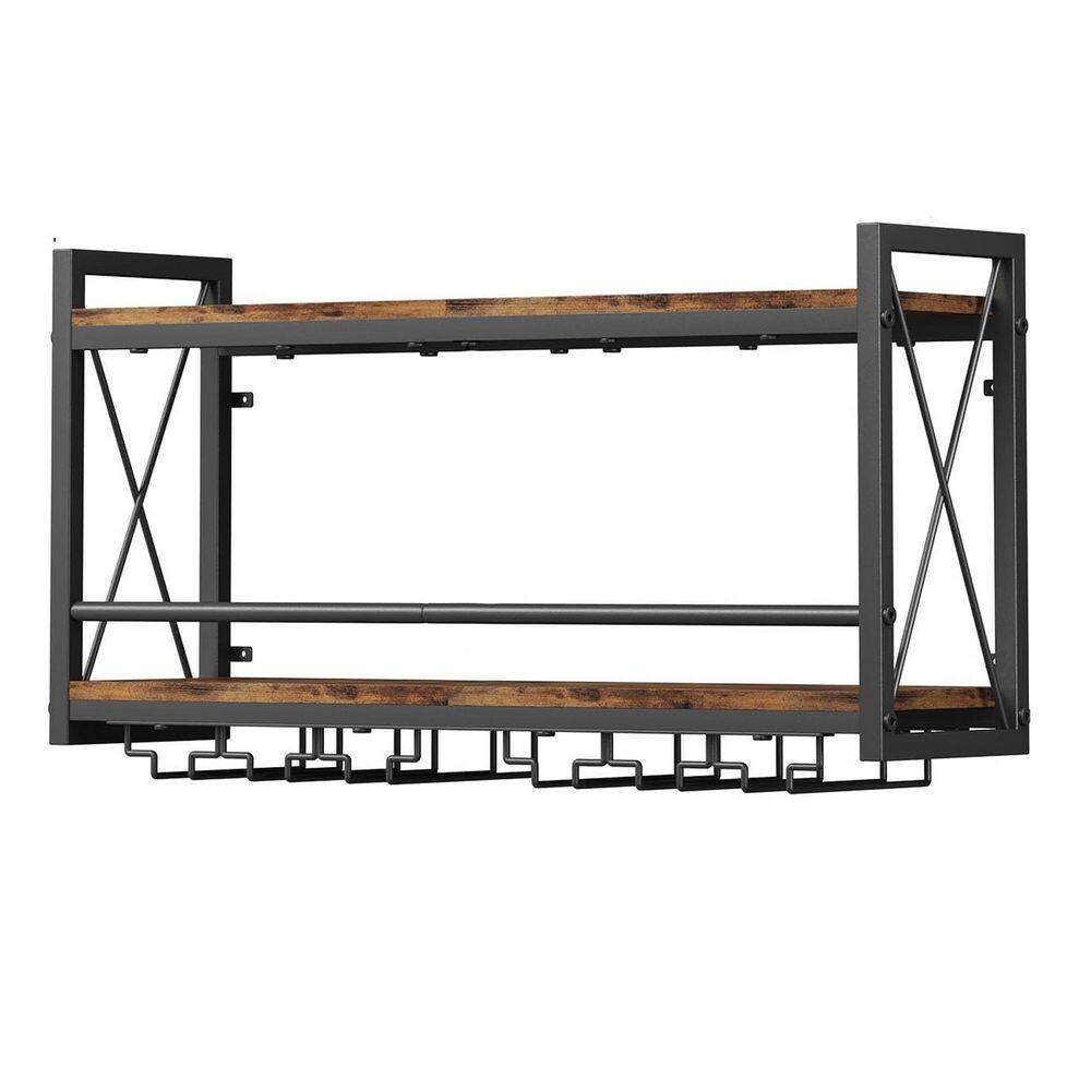31.50in. H x 7.91in. W 2-Bottle Black Wood-Metal Wall Mounted Wine Rack with Glass Holder for Kitchen Dining Room