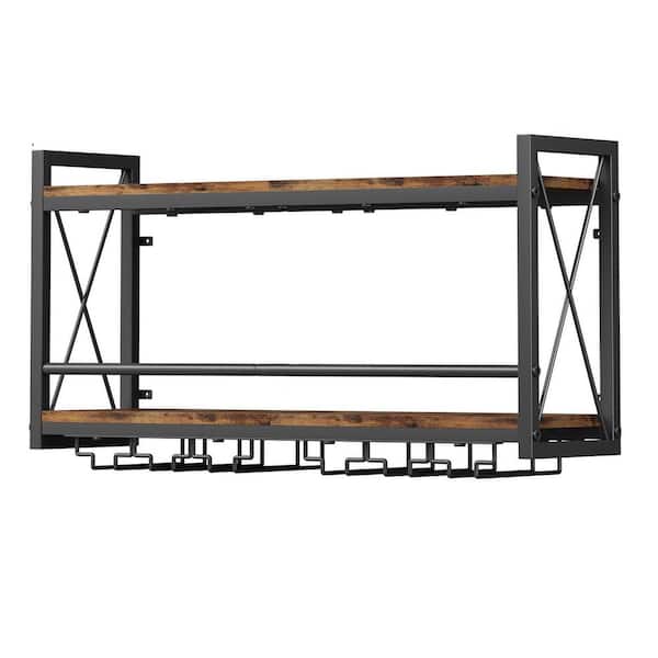 17.12 in. H x 31.5 in. W, 6-Bottle Black Wood-Metal Wall Mounted Wine Rack w/ Glass Holder for Kitchen Dining Room Brown
