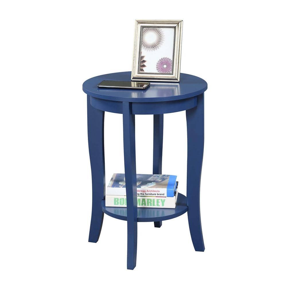 Cobalt Blue Round Wood End Table with Shelf