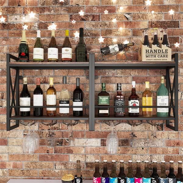 Shops Wine Rack Stemware Glass Rack Industrial 2-Tier Wood Shelf 30” Wall Mount