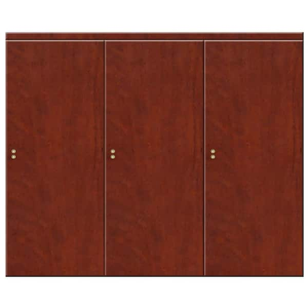 Impact Plus 90 in. x 84 in. Smooth Flush Cherry Solid Core MDF Interior Closet Sliding Door with Matching Trim