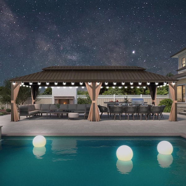 12 ft.x 26 ft.Bronze Patio Outdoor Gazebo for Backyard Hardtop Aluminum Frame with Hooks,Netting,Khaki Curtain,48-Lights