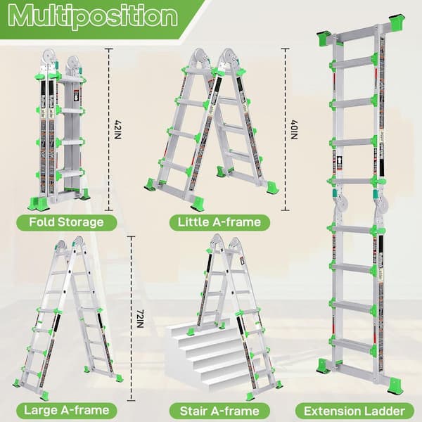 KIWDZFU Multi Position 14 Ft Aluminum Adjustable Telescopic Ladder Anti-Slip A Frame Compact Folding 330LBS Load Capacity