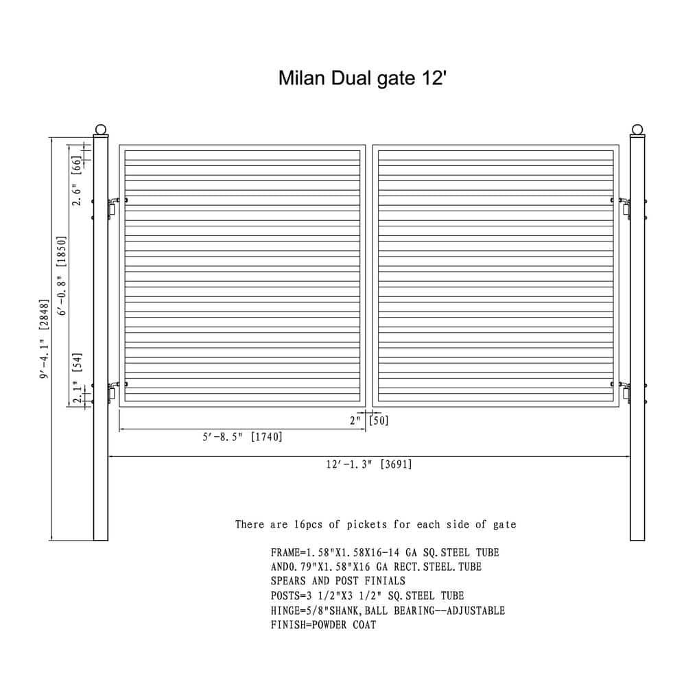 Milan Style Black Galvanized Steel Dual Swing Driveway Gate 12 x 6 Feet