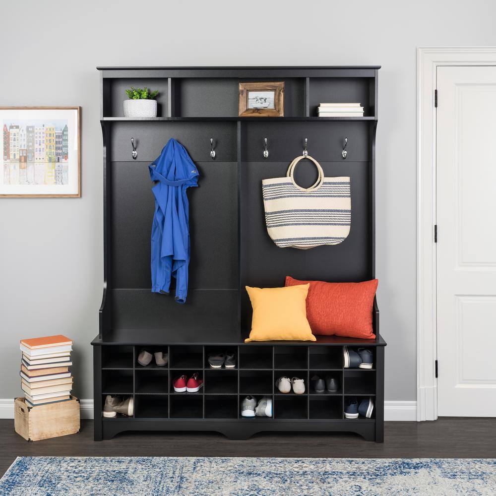 Black Wood Hall Tree with Bench and 24 Shoe Cubbies