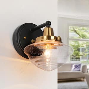 Modern Seeded Glass Wall Sconce, 6.5 in. 1-Light Black Bathroom Vanity Light, Industrial Brass Wall Light Fixture