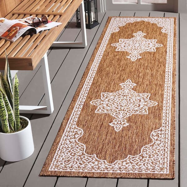 Beach House Brown/Ivory 2 ft. x 10 ft. Border Ornate Medallion Indoor/Outdoor Runner Rug