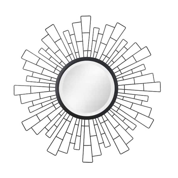 24in x 24in Industrial Round Black Metal Geometric Sunburst Framed Accent Mirror
