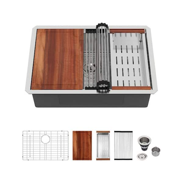 28 in. Undermount Workstation Sink Single Bowl 16-Gauge Brushed Stainless Steel Kitchen Sink