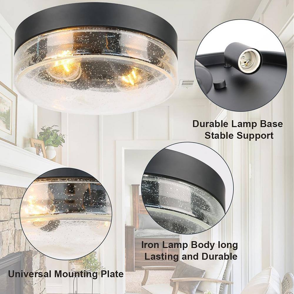 Matte Black 2-Light Flush Mount Ceiling Fixture with Seeded Glass Shade