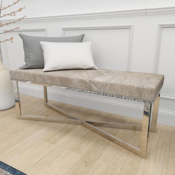 Litton Lane Gray Cowhide Bench with Silver Metal Base 19 in. X 49