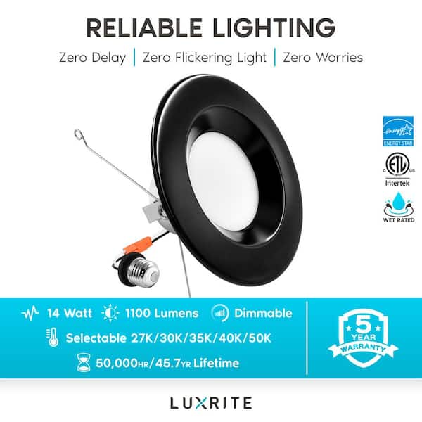 5/6 in. Recessed LED Can Lights 14 Watt 5 Color Selectable Dimmable 1100 Lumens Wet Rated Black Trim 4 Pack