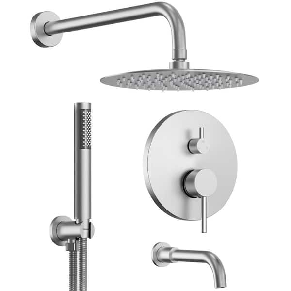 GRANDJOY Pressure Balance 3-Spray Wall Mount 10 in. Fixed and Handheld Shower Head 2.5 GPM in Brushed Nickel Valve Included