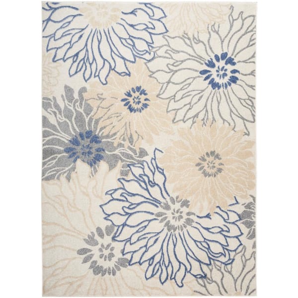 Nourison Passion Ivory Grey Blue 5 ft. x 7 ft. Floral Contemporary Area Rug