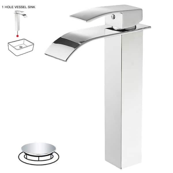 BWE Waterfall Single Hole Single Handle Bathroom Vessel Sink Faucet With Pop-up Drain Assembly in Polished Chrome