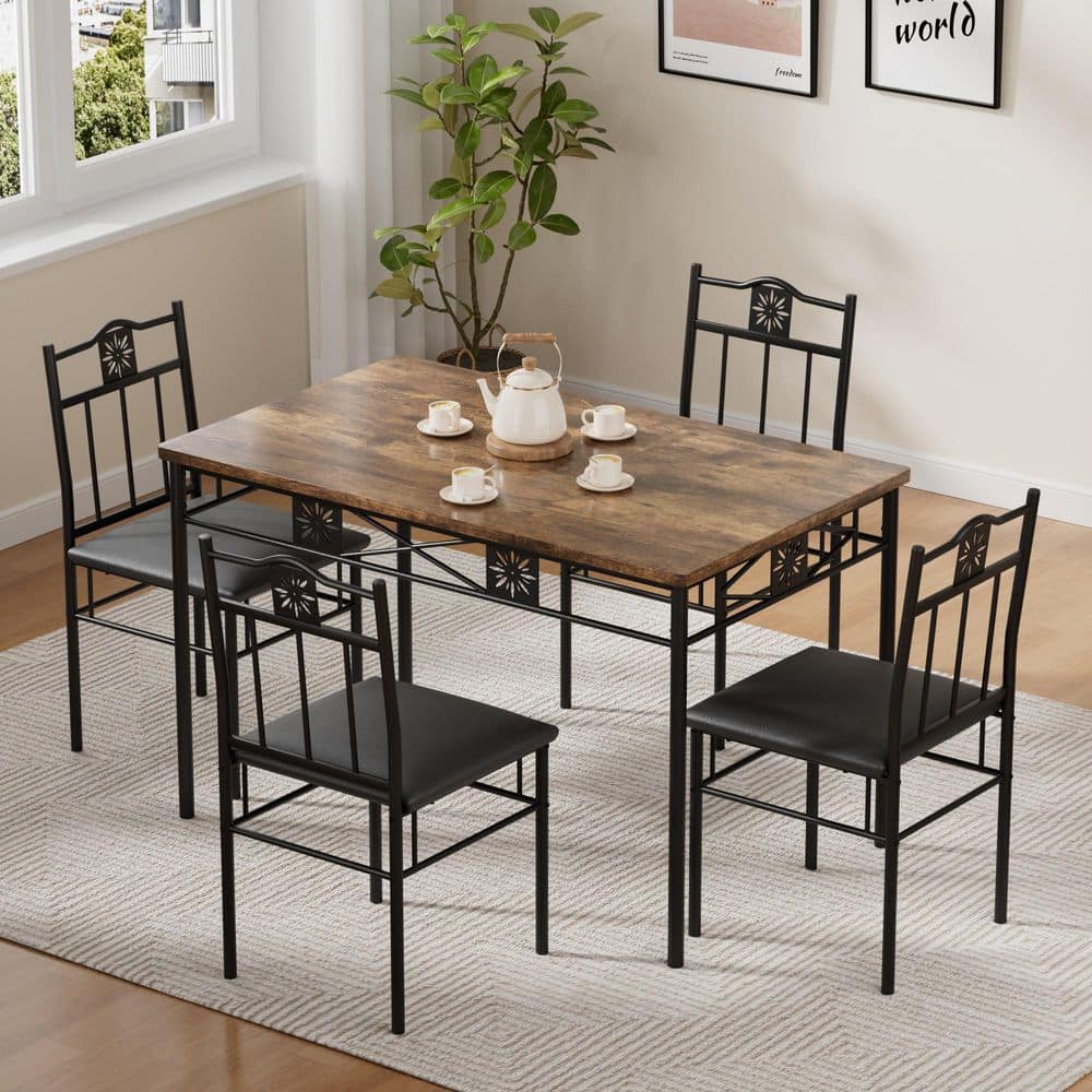 VECELO 5-Piece Dining Table Set Wooden Kitchen Table 1 Table 4