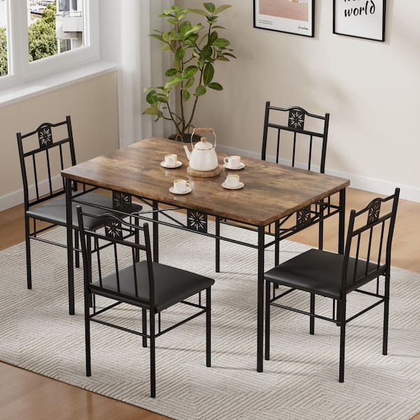 VECELO 5-Piece Dining Table Set Wooden Kitchen Table 1 Table 4 Chairs Metal Legs, Rectangular Dining Table Sets，42.1"L, Brown