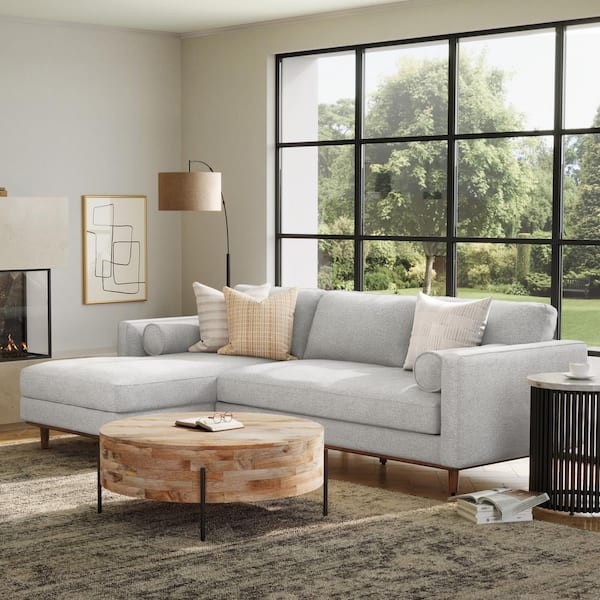 Simpli Home Morrison Mid Century 102 inch Straight Arm Woven-Blend Fabric Rectangle Left Sectional Wide Sofa Sectional in. Mist Grey