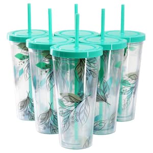 Tropical Sway Vineyard 6 Piece 24 oz. Double Wall plastic Tumbler Set with Lid and Straw in teal