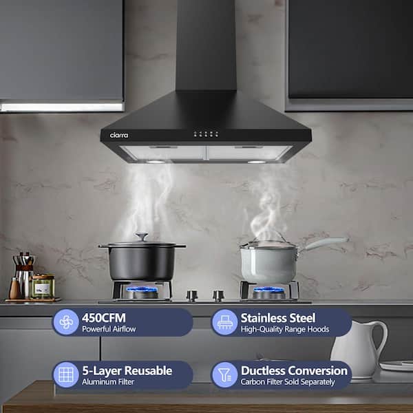 24 in. Convertible Wall Mounted Range Hood in Black with 3-Speed Extraction