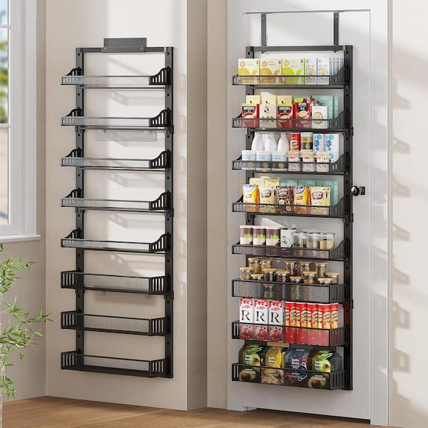 8-Tier Black Over Door or Wall Mount Pantry Organizer with Adjustable Baskets for Kitchen/Bathroom Storage