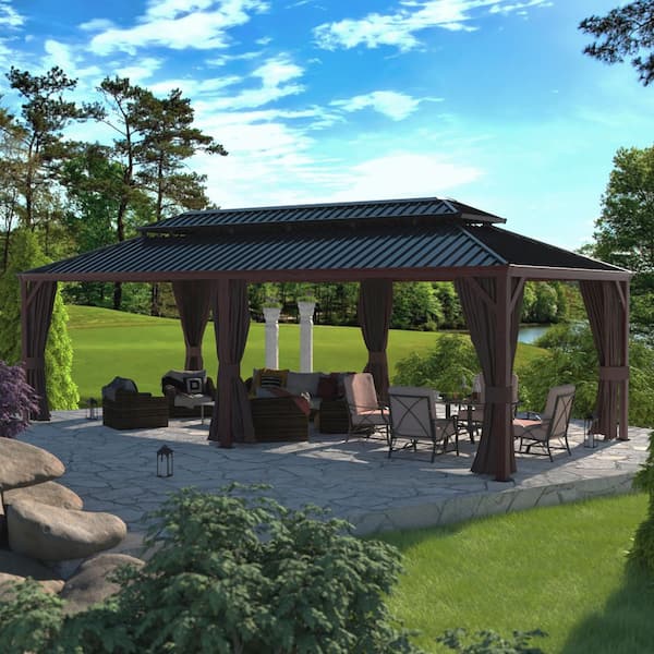 24 ft. x 14 ft. Wood Grain Aluminum Hardtop Gazebo Double Roof with Netting